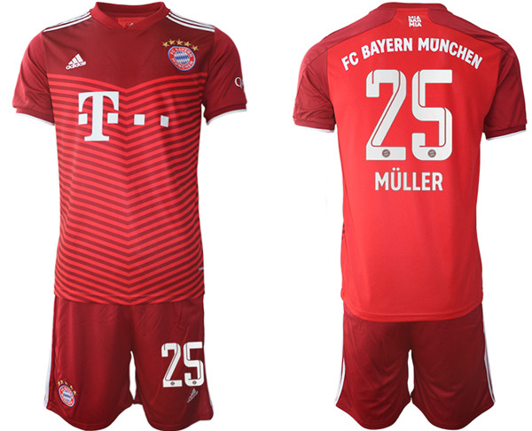 Men's FC Bayern München #25 Thomas Müller Red Home Soccer Jersey Suit